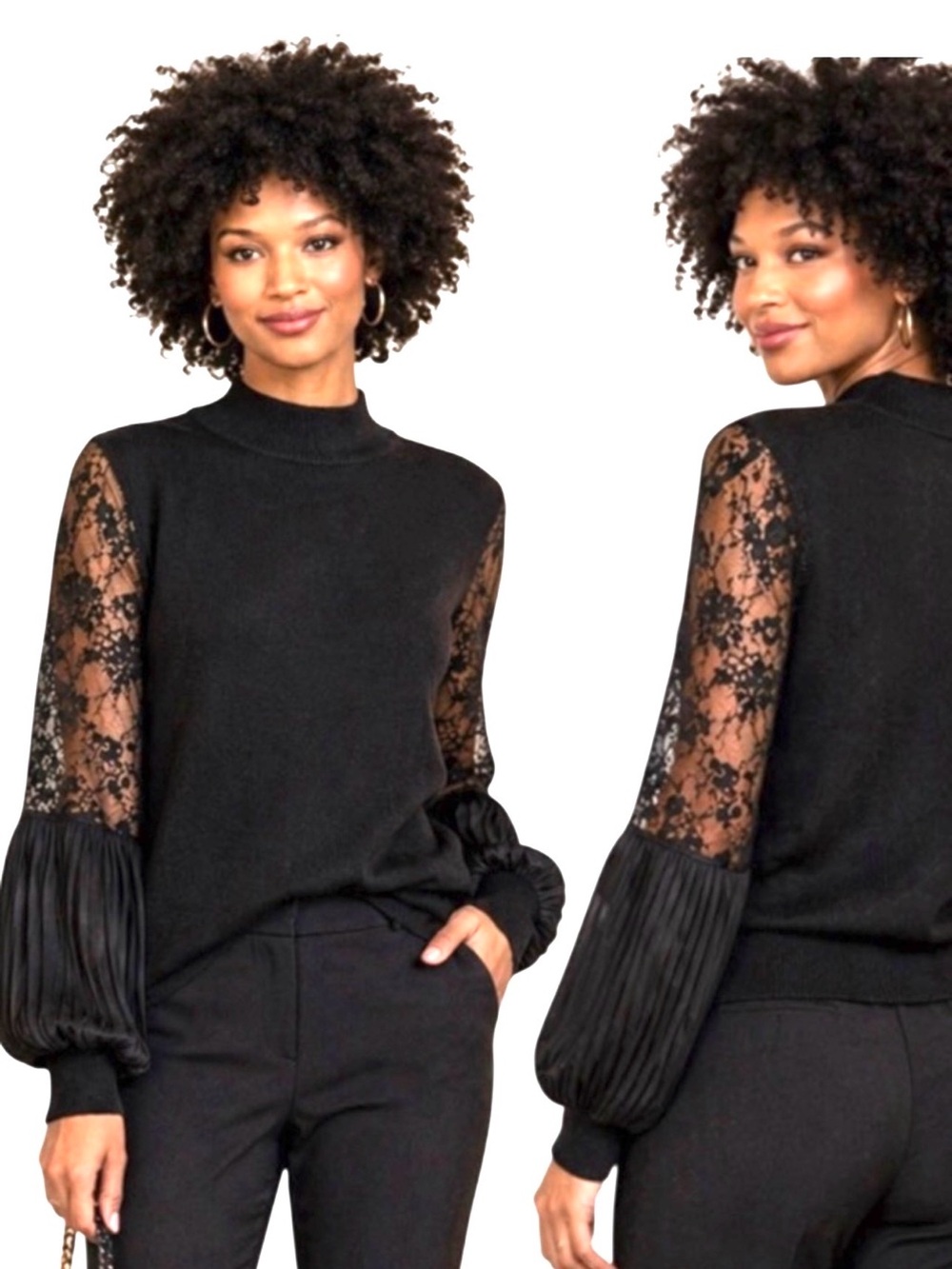 Belldini Black Mock Neck Sweater Lace Pleated Balloon Sleeve - Sheer Detail XL